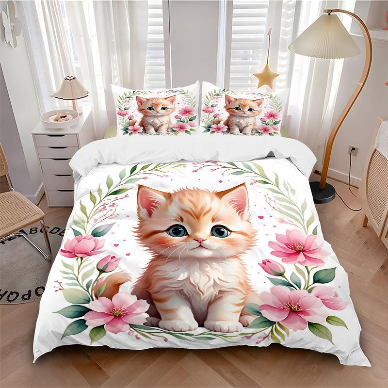3pcs Cats & Flowers Pattern Bedding Three-Piece Set (1 Cover + 2 Pillowcases, No Fillings), This Printed Bedding Set Is Soft and Comfortable, Sui