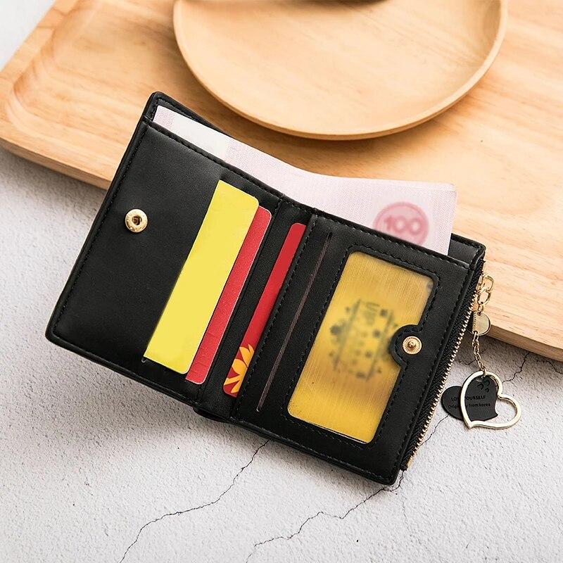 Women'S Small Wallet Double Fold Ultra Thin Zero Wallet Zipper ID Bag, Contrast Color Love Pendant Short Card Bag