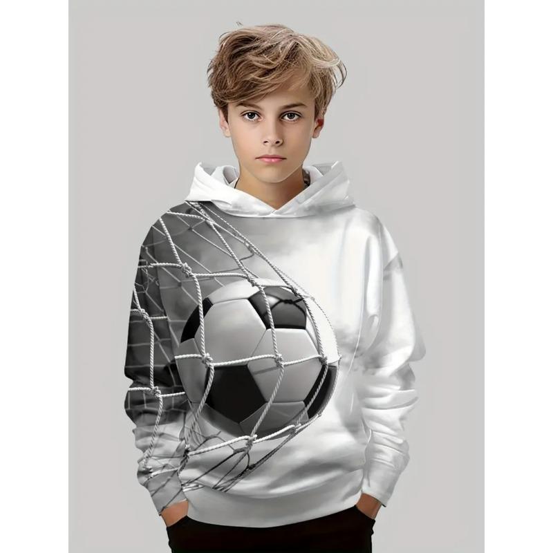 Boys' 3D Soccer Ball Harajuku Print Hoodie Casual Polyester Long Sleeve, Slight Stretch, Hooded Outdoors Sweatshirt for Running