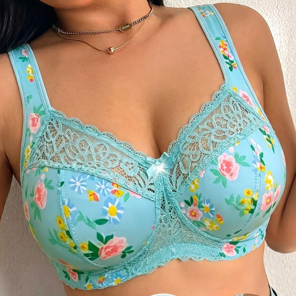 Bra Plus Size Wireless Un‑Padded Thin Floral Lace Bra Minimizer Brassiere for Large Bust