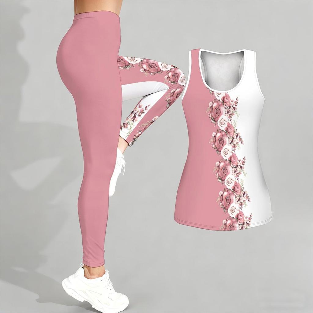 Retro Flower Printed Yoga Outfit for Women Fashion Workout Leggings Fitness Sports Casual Yoga Set Sports Suit