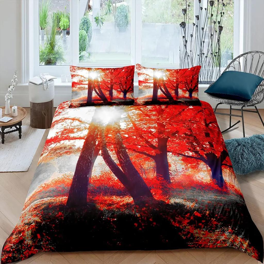 Fall Duvet Cover Seasonal Maple Tree Leaves Botanical Foliage Vibrant Floral Forest Image Decorative 3 Piece Bedding for Women