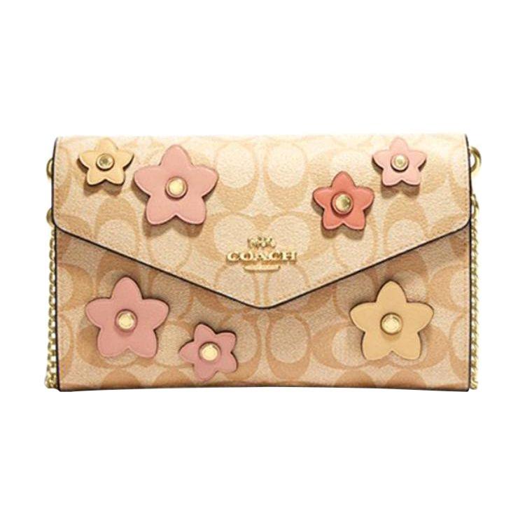 Coach Envelope 21 Floral Decorated Flap Chain Leather Clutch Women clutch Khaki CH361-IMOT4 Basic Set (Bag+Dust Bag)