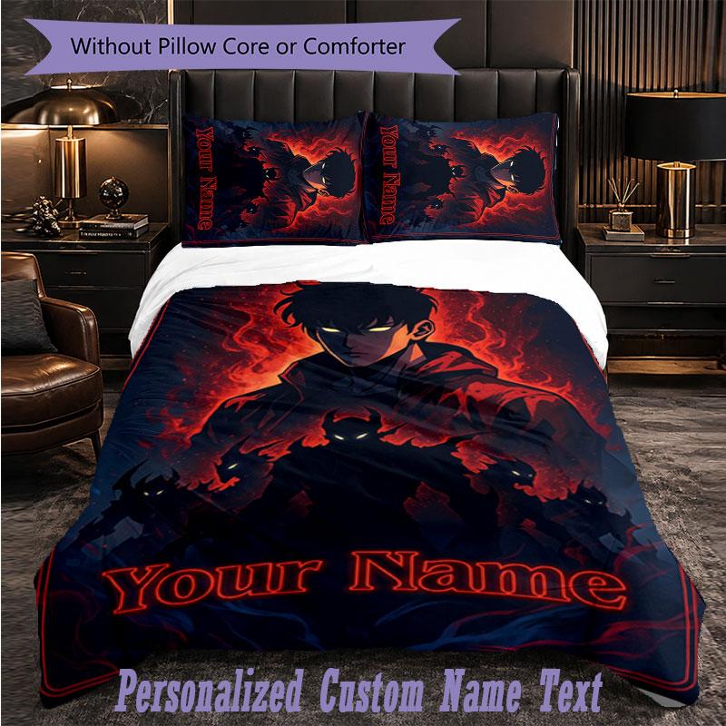 Personalized 3Pcs Bedding SetSolo Leveling Custom Text Duvet Cover Pillowcase Set Bedroom Gift