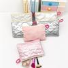 New Multi-function Cosmetic Pouch Bow Decoration Embossed Heart Quilted Makeup Bag Satin Material Toiletry Storage Pouch Girls