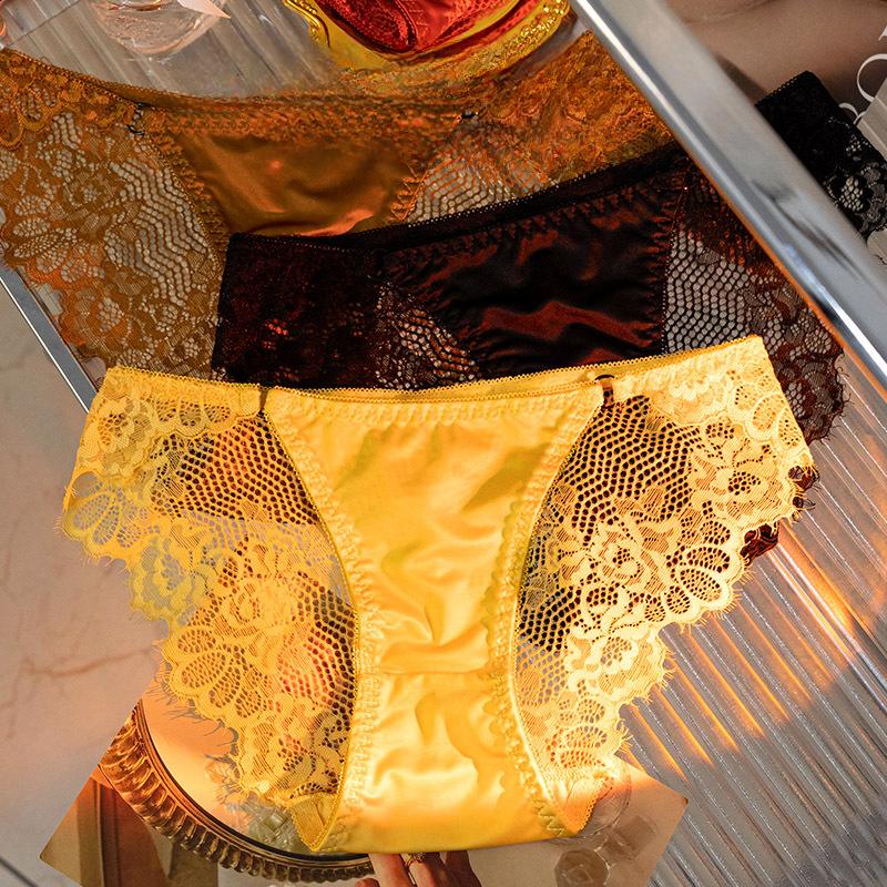 Luxury Satin Lace Panties Women Metal Hollow Out Transparent Mesh Seductive Triangle Underwear Comfort Fit Elegant Design