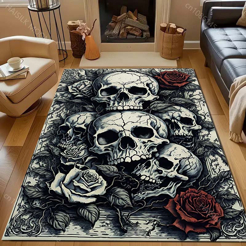 Personalized Skull Roses Art Print Carpet for Living Room Bedroom Bedside Sofa Table Floor Mat Home Area Rug Decor Large Size