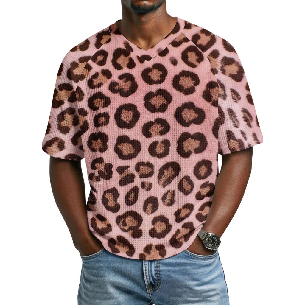 Herren T-Shirt mit Leopardenmuster, Atmungsaktives V-Ausschnitt Kurzarm Oberteil für Herren, Lässiges Mode Sommer T-Shirt