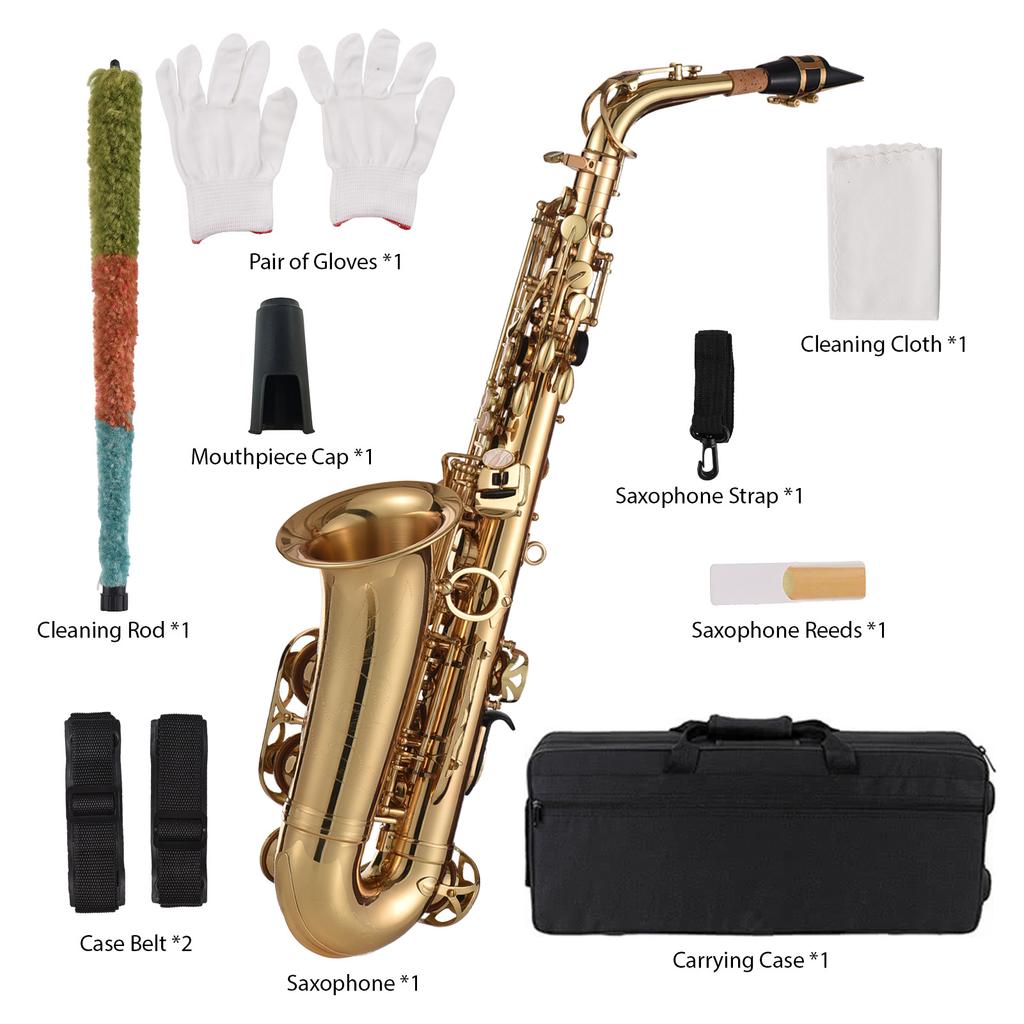 Eb Alto Saxophone Brass Lacquered Gold E Flat Sax 875 Key Type Woodwind Instrument with Cleaning Brush Cloth Gloves