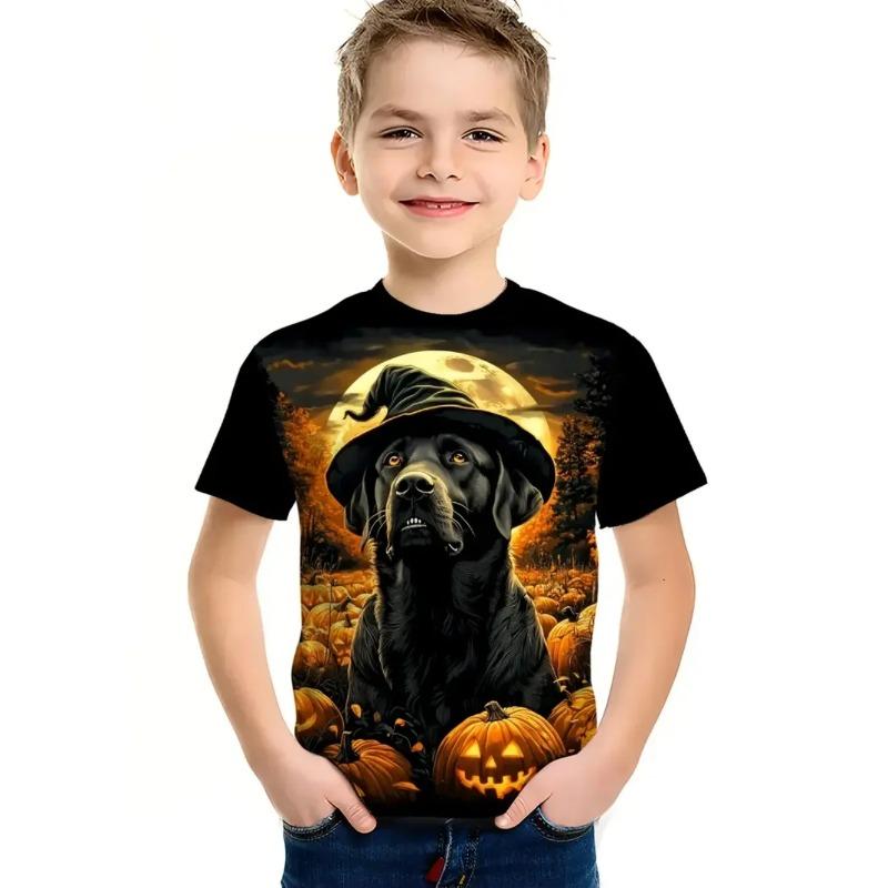 Round Neck 3D Pumpkin Animal Printed T-shirts Short Sleeved Children's Boy T-shirts - Soft Medium Stretch Polyester Fabric Summer Relaxed Fit Clothing