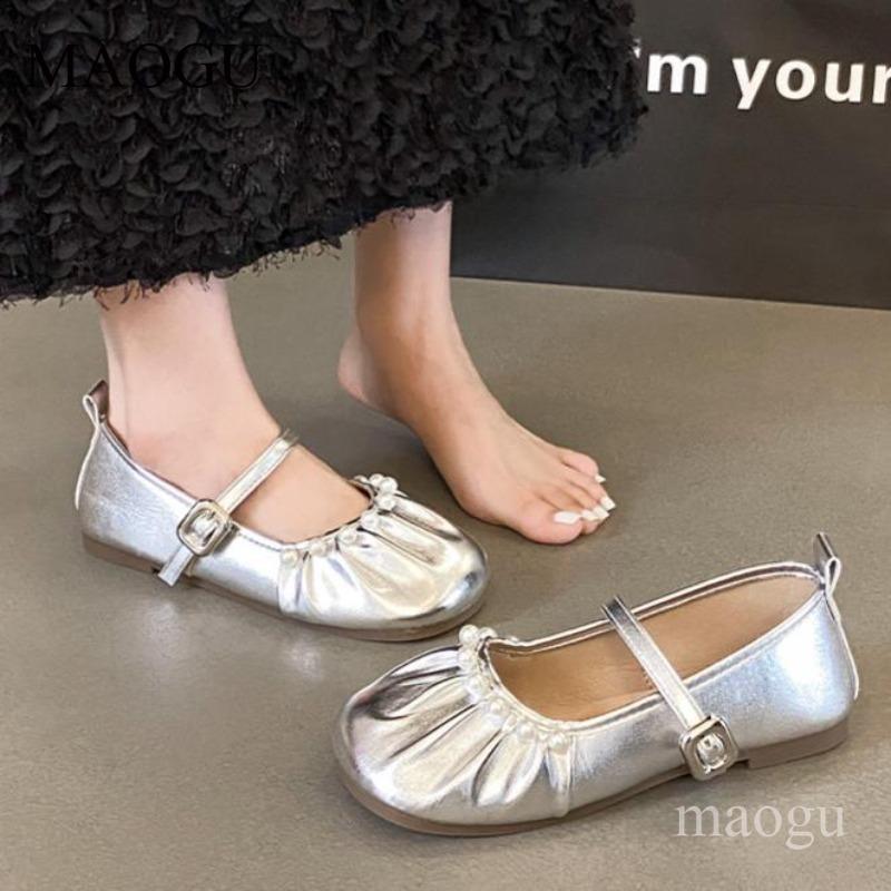 Damen Mary Janes mit Perlendekor, Runde Zehenpartie, Riemchen, Ballerinas, Weiche Sohle, Bequeme Freizeitschuhe für Damen Zapatos Para Mujer