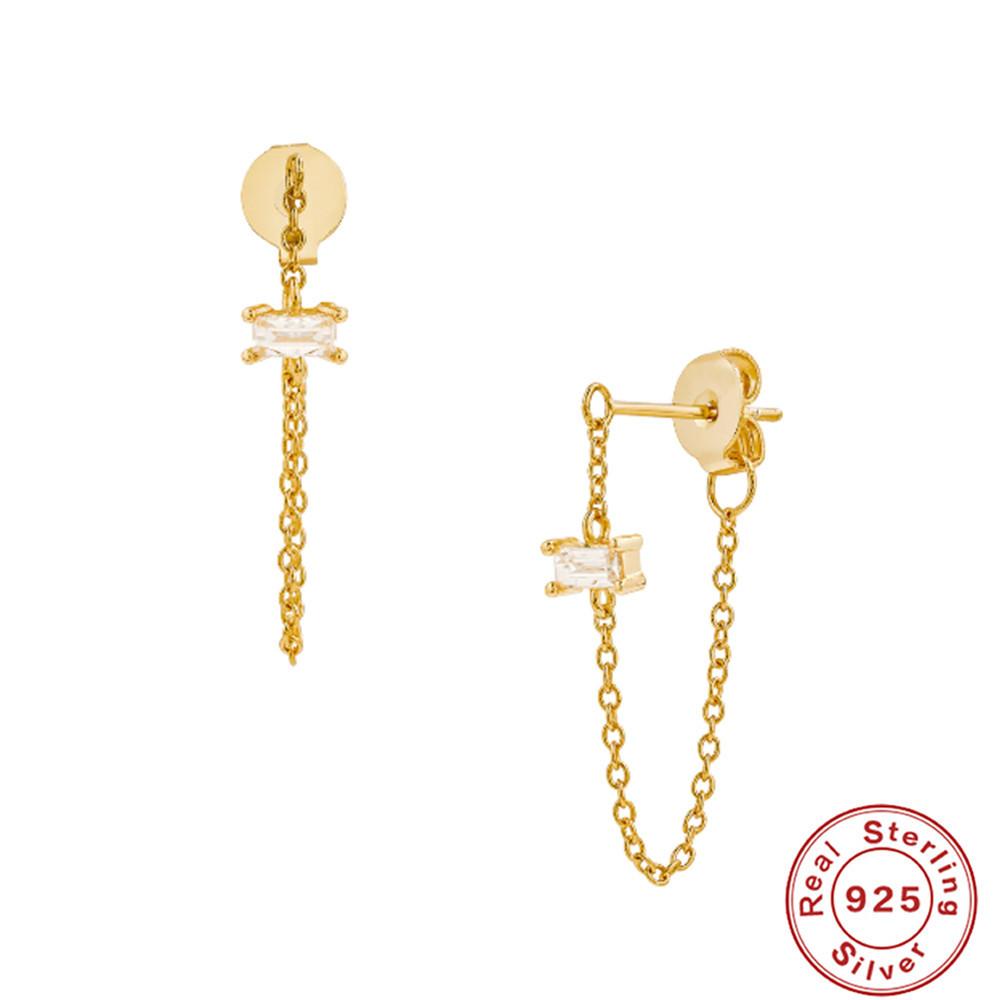 Suivez la tendance S925 Argent Sterling Chaîne simple Chaîne Boucles d'oreilles puces Zircon carré fin Écouteurs fins