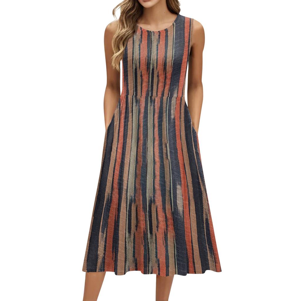 Women's Fashionable Printed Round Neck Sleeveless Casual Pullover Pocket Mid Length Dress