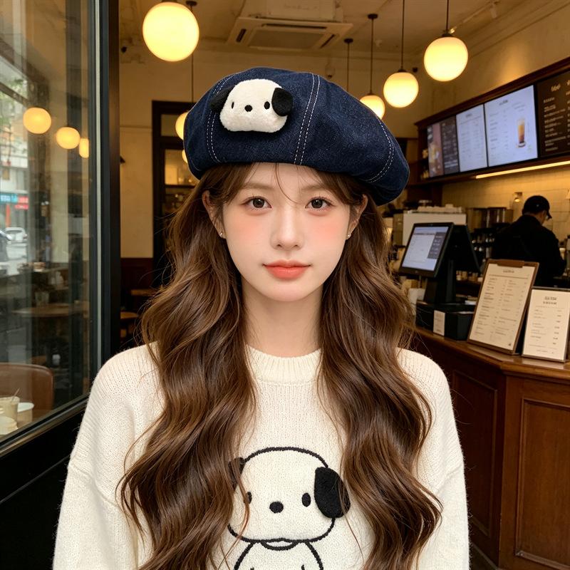 Cute puppy doll cat ear beret children spring and autumn cartoon plain painter hat showing face small personality newsboy hat