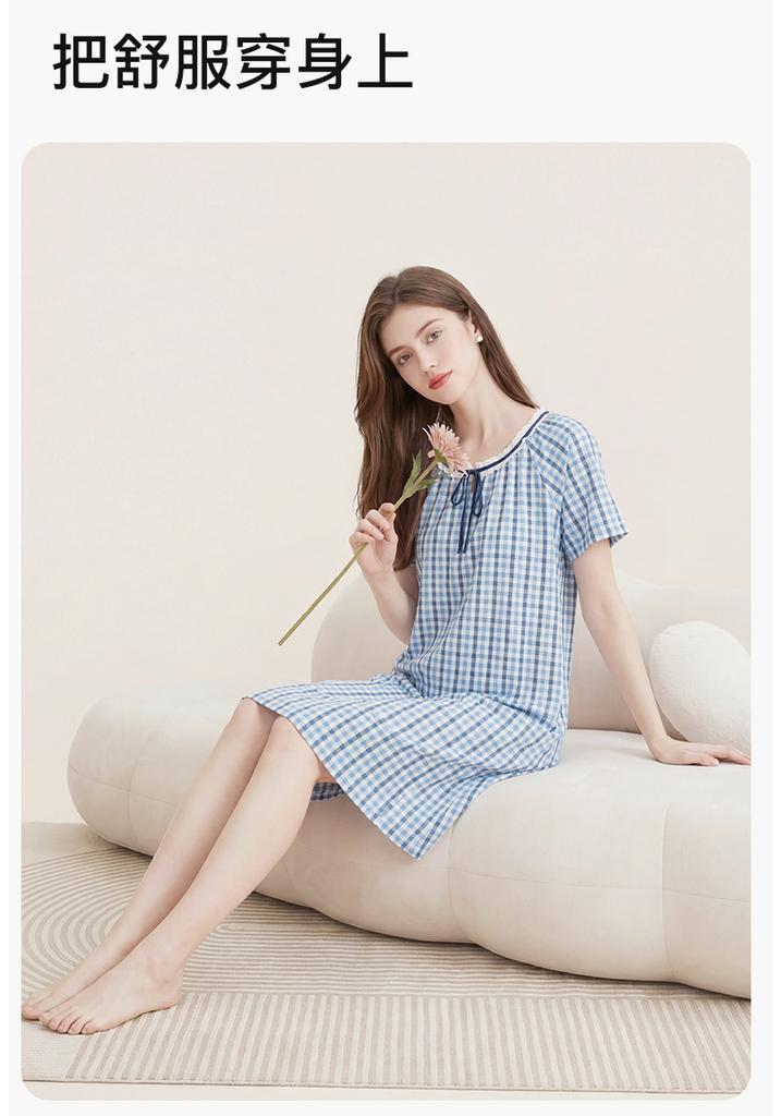 Fenteng [40 Thread Flat Cotton] Skin Friendly Plaid Round Neck Short Sleeved Nightgown Dress Pajama Women's and Girls' Skirt Style