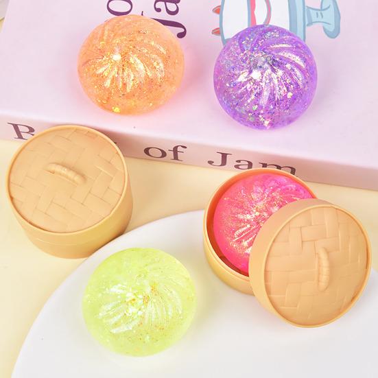 5Pcs Glitter Steamed Bun Toy with Steamer Stress Relief Simulation Dumpling Squeeze Sensory Fidget Toy Stretchy Decompression Dough Ball Desk Toy