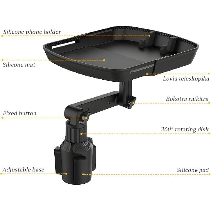Car Cup Holder Tray Table, Cup Table Holder For Car Drink Holders Tray, 360º Adjustable With Rotating Arm Phone Slot, Non-Slip Stretchable Car Tray