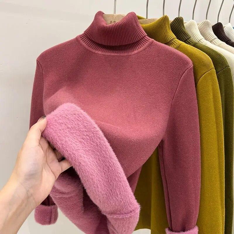 Winter Vintage Warm Thicken Sweater Women Korean Fashion Elegant Knitted Bottoming Shirt Female Solid Knitwear Casual Slim Tops 2026 New