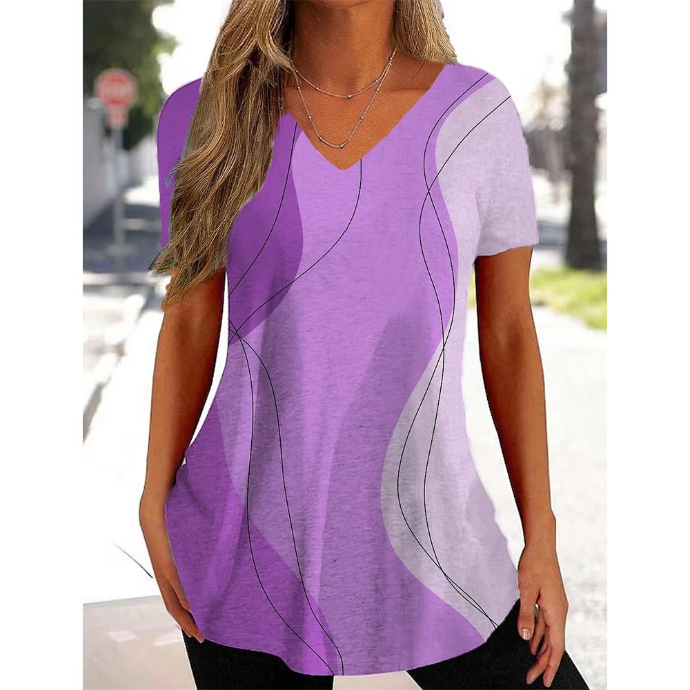 Neues Damen-T-Shirt mit geschwungenem Aufdruck und V-Ausschnitt, modische Streetwear, Damenkleidung, lässig, Sommer, kurzärmelig, Pullover, T-Shirt für Damen