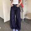 Petite High Waist Retro Dark Blue Wide Leg Jeans for Women - Casual, Slimming, Floor-Length Trousers