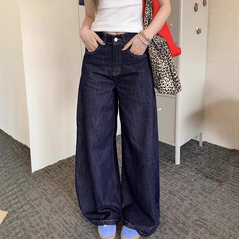 Petite High Waist Retro Dark Blue Wide Leg Jeans for Women - Casual, Slimming, Floor-Length Trousers