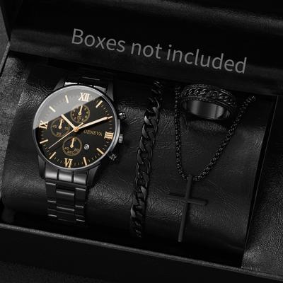 4pcs/set New Men's Trendy Watch Bracelet Necklace Ring Set Hip Hop Style Casual Men's Cool Quartz Watch Set (No Box)
