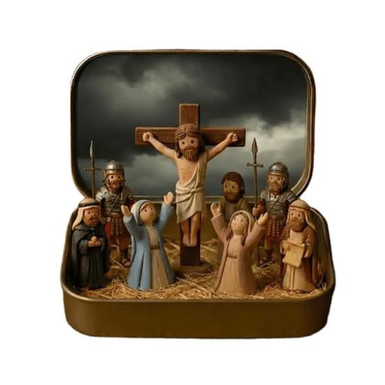 Little Jesus in Tin Box Miniature Jesus Crucifixion Resurrection Scene Ornament Pocket Jesus Figure Set Religious Home Office Desktop Decoration