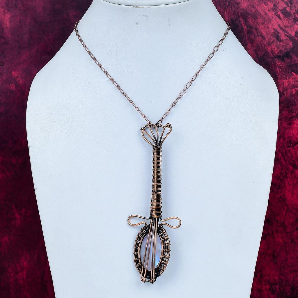 Rainbow Moonstone Pendant Copper Wire Wrapped Gemstone Jewelry Guitar Pendant
