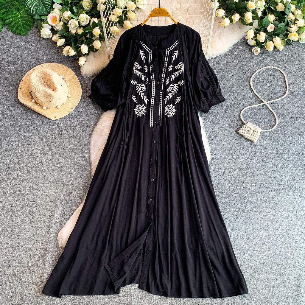 Slack style elegant lace-up round neck lantern sleeve dress women's summer loose belly cover and thin retro embroidery dress