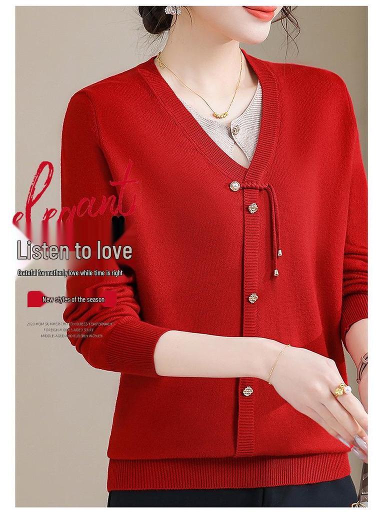 2025 Trendy Mom's Stylish Knit Cardigan: Spring/Fall Fake Two-Piece for Middle-Aged & Elderly Women