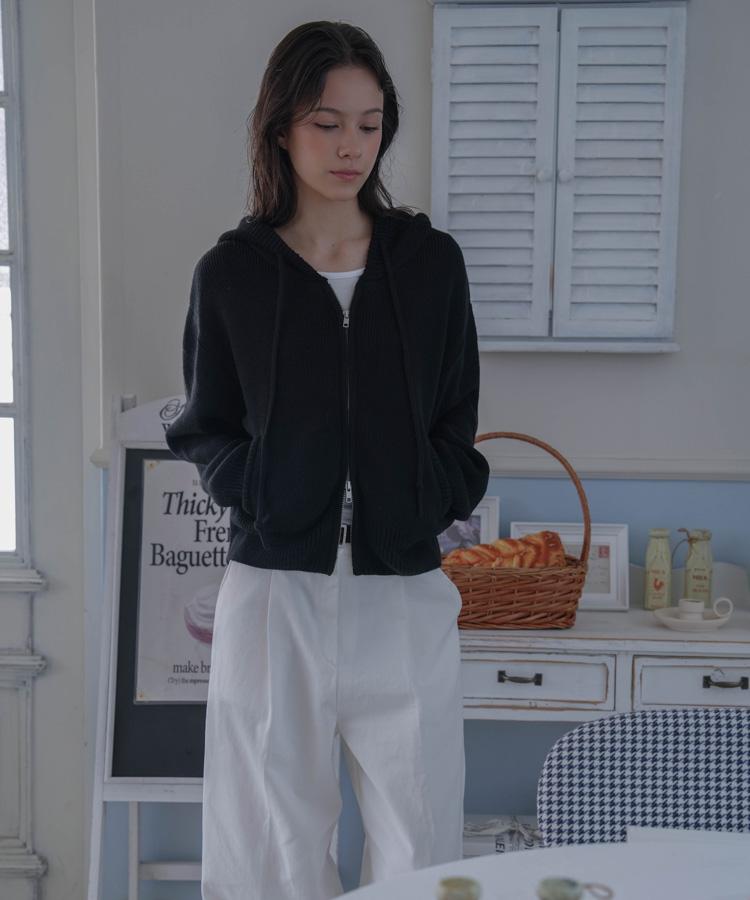 DEHEVE Two-Way Hood Zip-Up Knit [Black]