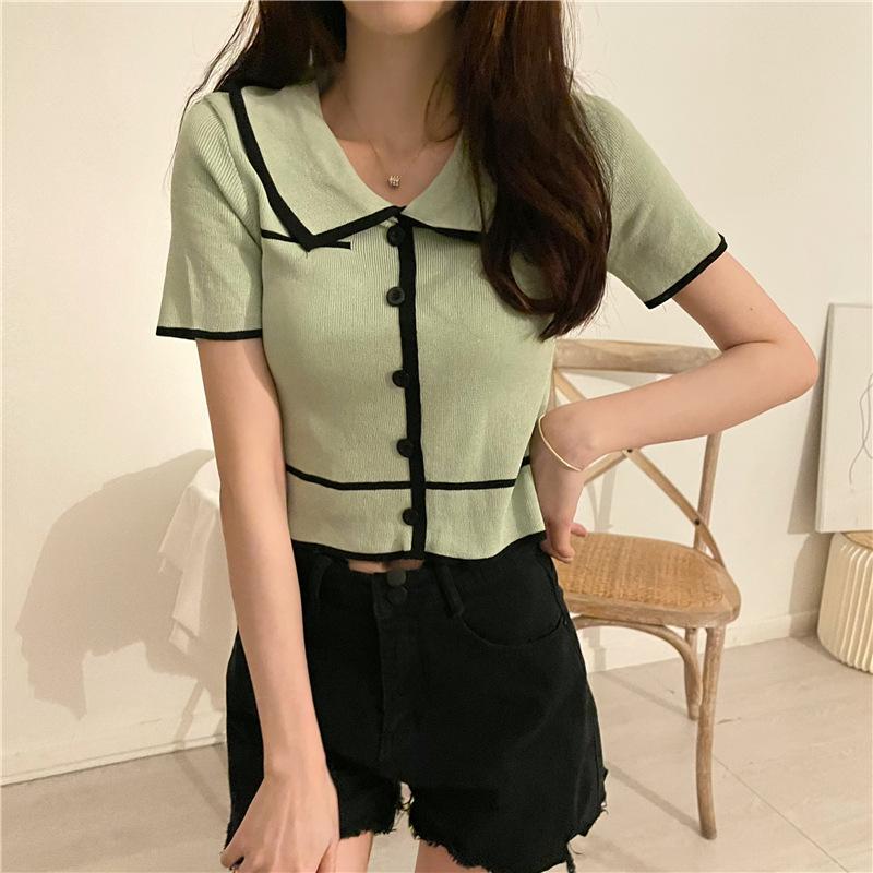 Summer New Loose Ice Silk Short-sleeved T-shirt Women Design Sense High Waist Short Shirt Polo Shirt Blouse Women