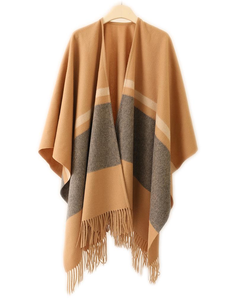 Women's Lambswool Mid-Length Color Block Shawl Cloak with Tassels