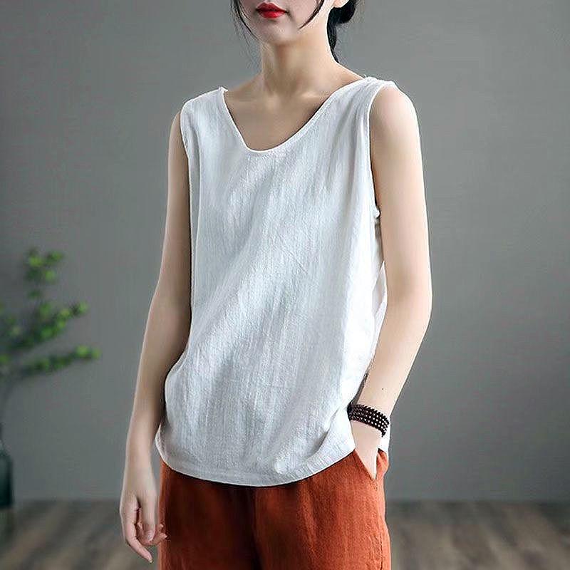 

Purple Retro-Inspired Cotton Linen Spaghetti Strap Tank Top for Women L белый