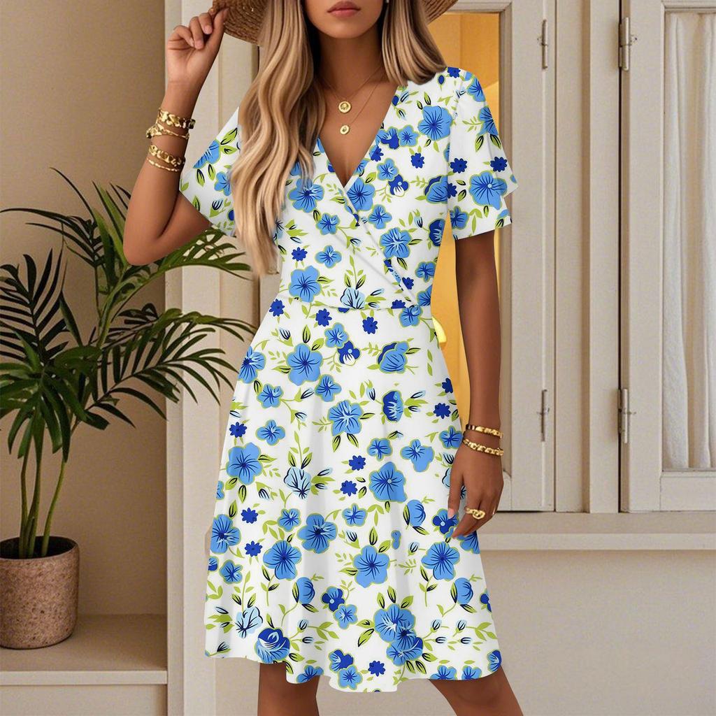 Women's Casual Fashion Dress Vintage Floral Floral Short Sleeve V-neck Dress
