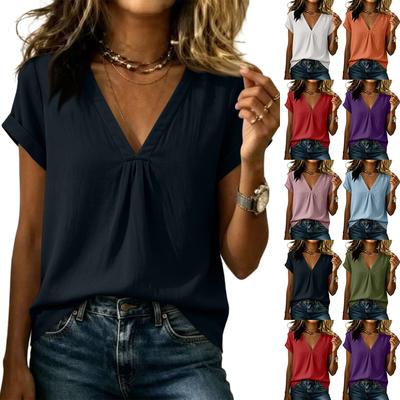 Women V Neck Short Sleeve Loose Fit Casual T Shirt Top Lightweight Soft Fabric Relaxed Summer Blouse for Daily Wear