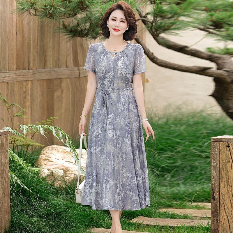 Women's Middle Aged Light Green Floral Print Short Sleeve Dress