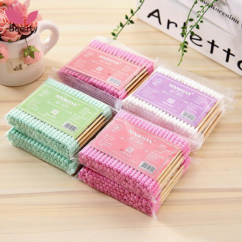 100ks/balení Vatové tampony s dvojitou hlavou pro ženy Make-up vatové tyčinky Tip pro lékařské dřevěné tyčinky Čištění nosu Uši ​​Nástroje zdravotní péče