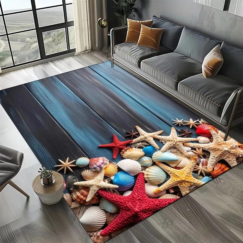 Starfish Beach Shell Sand Pattern Area Rug Coastal Ocean Carpet for Living Room Bedroom Kids Play Room Non-Slip Floor Mat