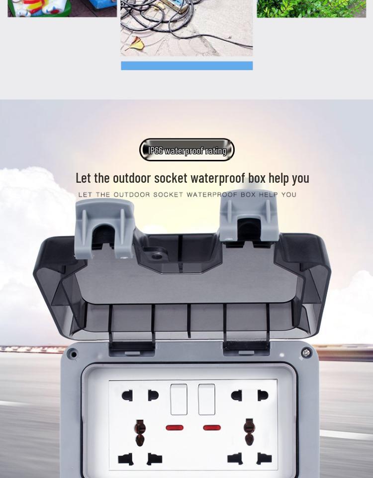 Outdoor Waterproof Dual Five-Hole Socket, Surface Mounted, Rainproof for Bathroom or Courtyard Use