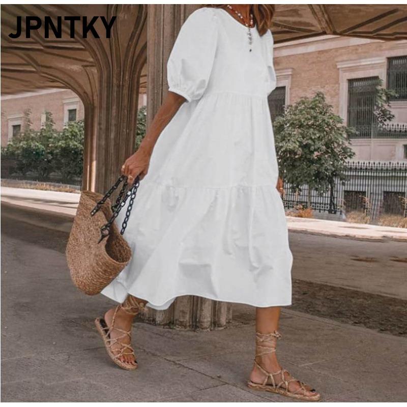 JPNTKY Fashion Summer Spring Solid Color Print Short Sleeve O-Neck Casual Dresses