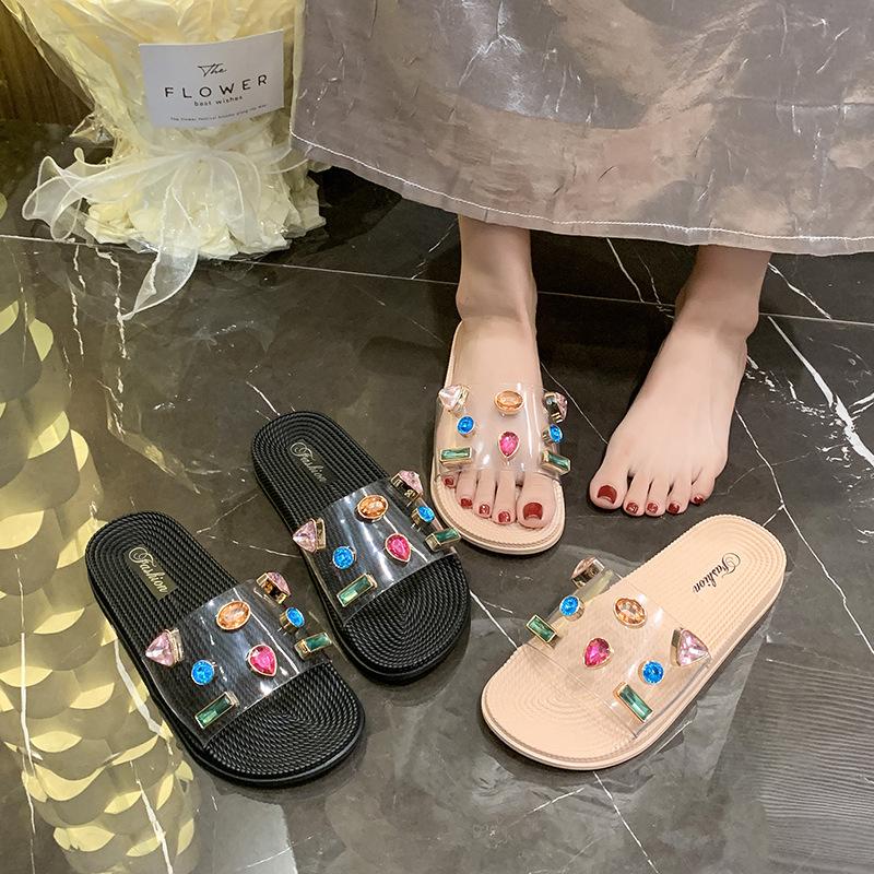 Spring and Summer Thick-bottomed Sandals Women's Trend Fashion Transparent Colored Rhinestones Comfortable Casual Fashion Flat-bottomed Muffin Slipper