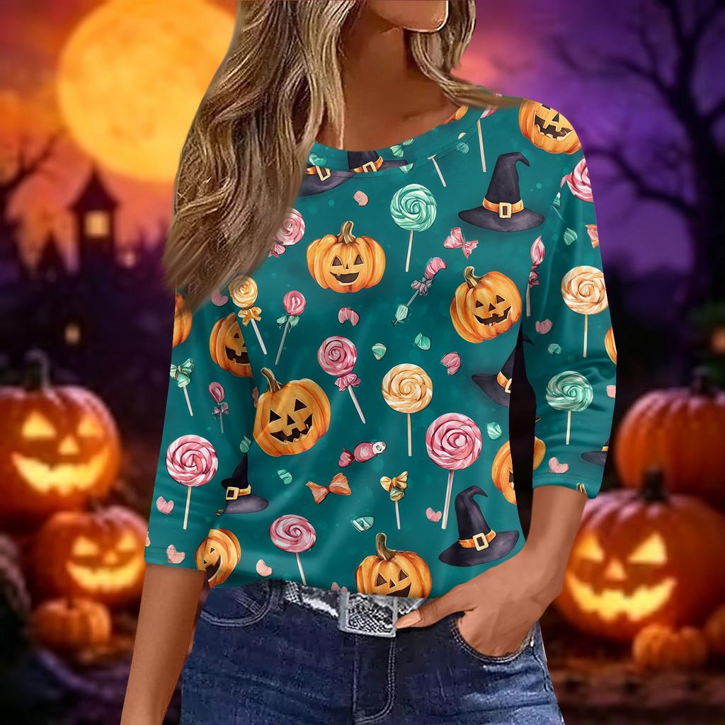 Women 3/4 Sleeve Casual Loose Fit Shirt Round Neck Pullover Halloween Print Top Lightweight Comfortable Blouse