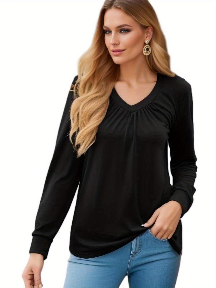 Casual Pleated V Neck Long Sleeve Blouses for Women Spring Summer