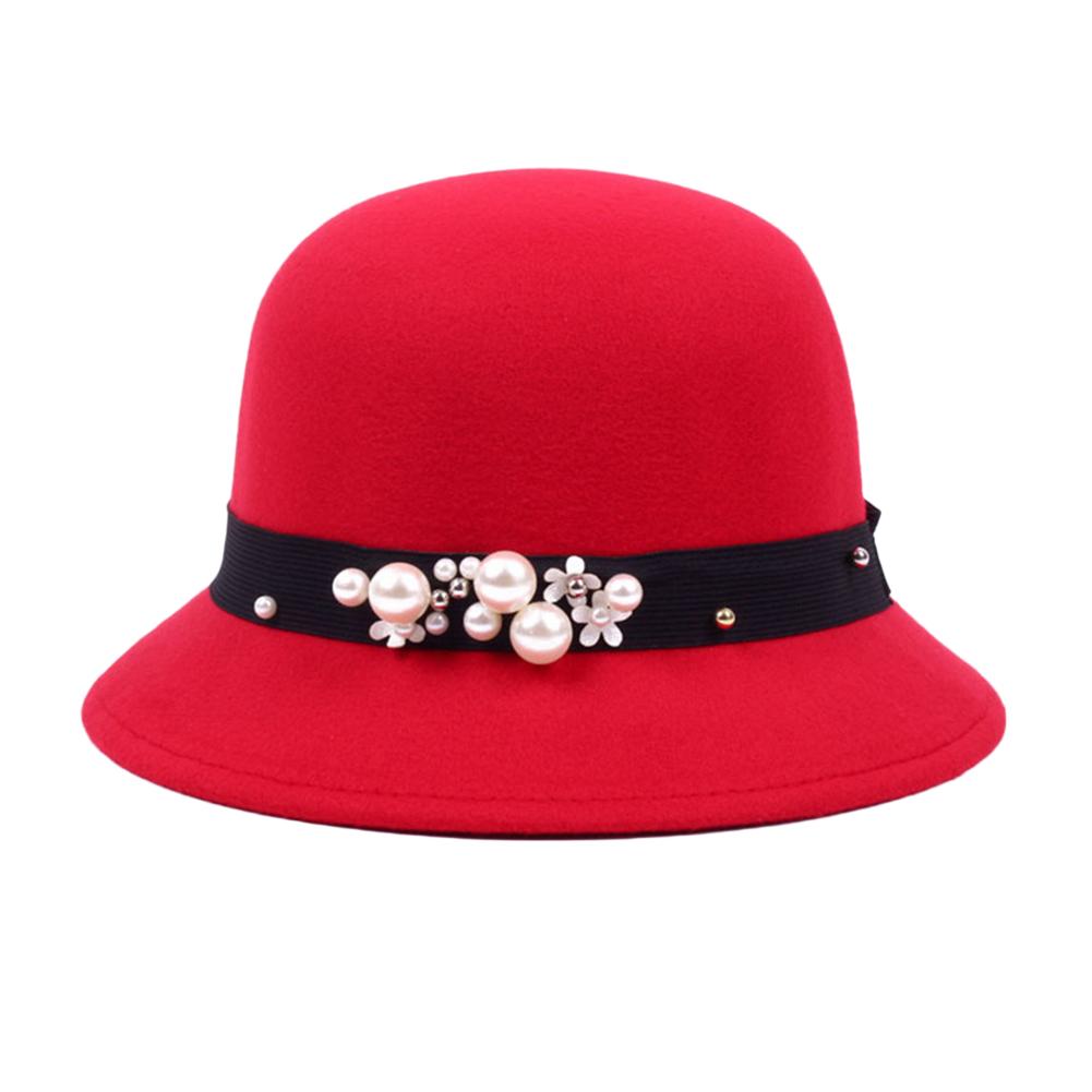 Vintage Women Domed Woollen Hat Adult Fashion Rivets Pearl Decoration Warm Lady Bucket Cap in Winter Autumn Outdoor