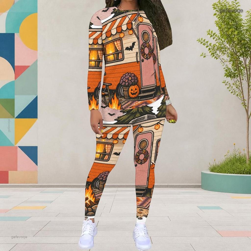 Women Plus Size Round Neck Long Sleeve Bee Pumpkin Printed Top And Fitted Pants Two Piece Set