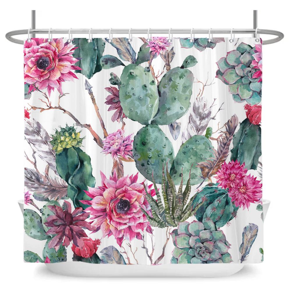 Watercolor Red Flower Shower Curtain Flowers and Plants Waterproof Polyester Bath Curtain For Bathroom Home Decor Accessories