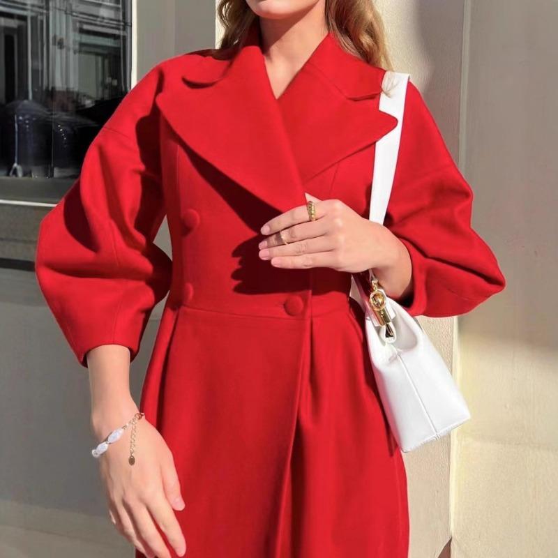 Vintage Court Style Waist Cinched Long Turn Down Collar Lantern Sleeve Overcoat For Women