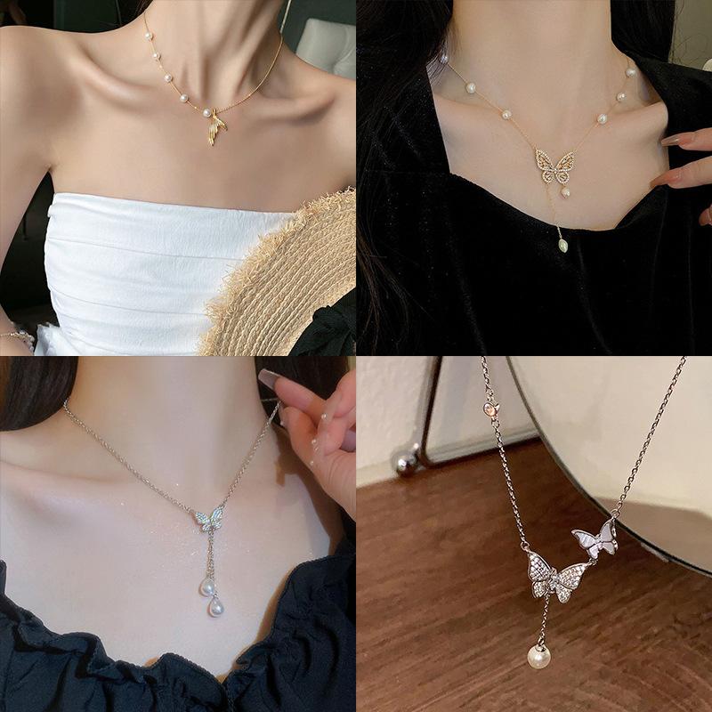 Butterfly Drop Oil Pearl Faux Crystal Necklace Versatile High-end Clavicle Chain Niche Design Jewelry Women