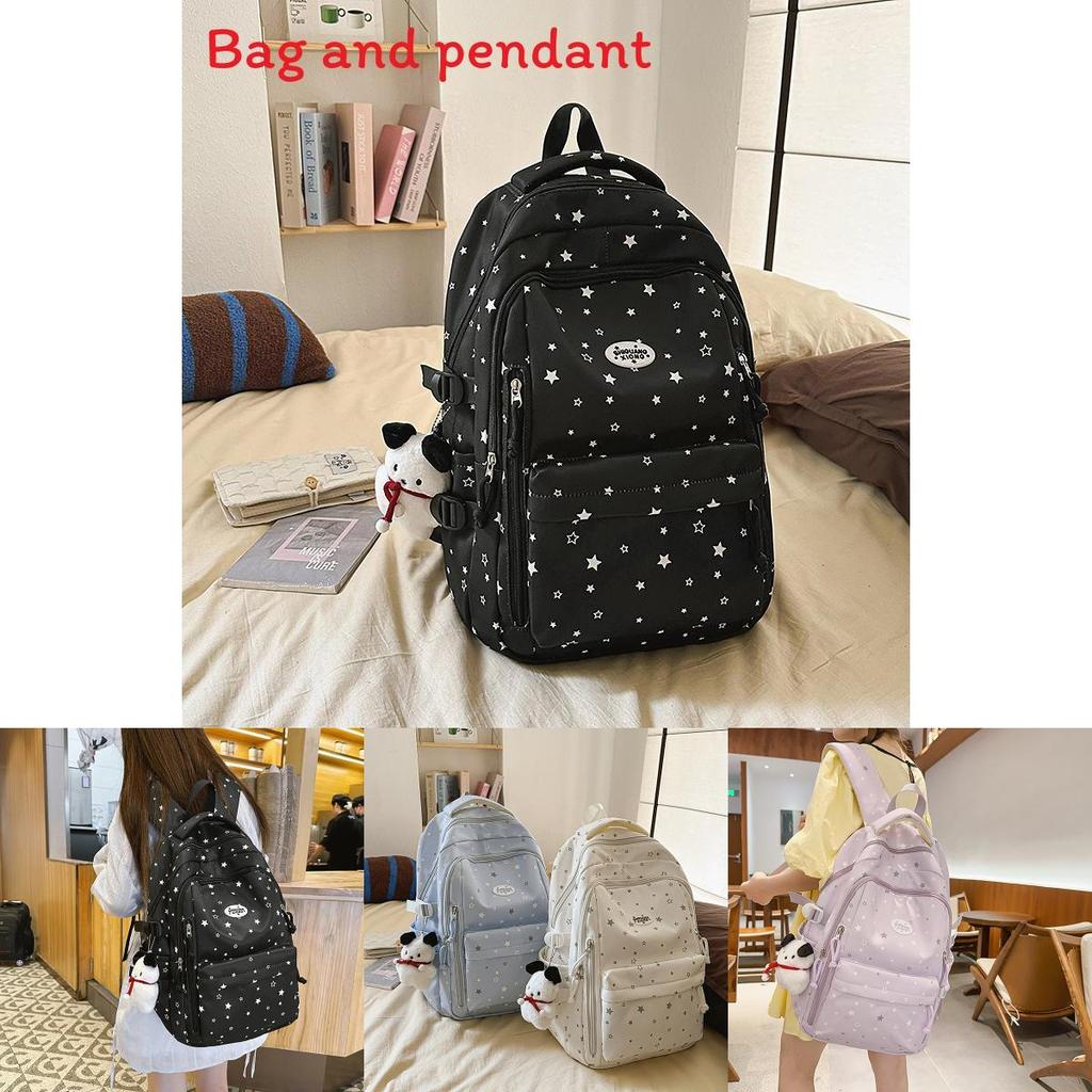Einfacher Sternenmuster-Schülerrucksack mit Plüschanhänger für Teenager